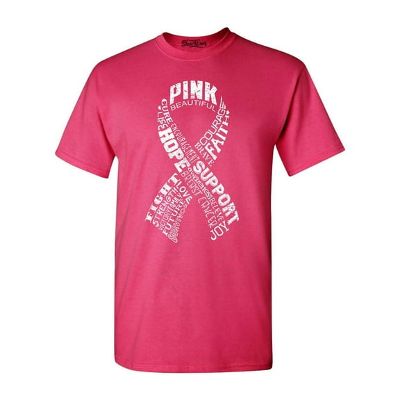 Shop4Ever Men's White Ribbon Montage Word Cloud Breast Cancer Graphic T-shirt Large Heliconia Pink