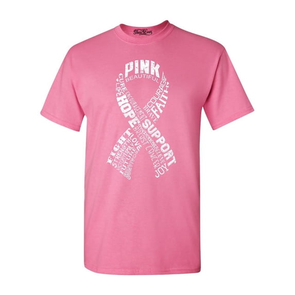Shop4Ever Men's White Ribbon Montage Word Cloud Breast Cancer Graphic T-shirt Small Azalea Pink