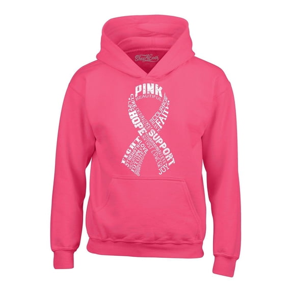 Shop4Ever Men's White Ribbon Montage Word Cloud Breast Cancer Hooded Sweatshirt Hoodie Large Heliconia Pink
