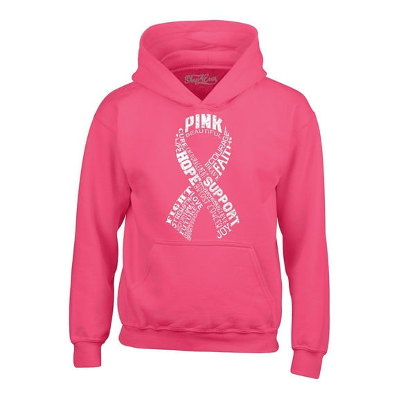 Shop4Ever Men's White Ribbon Montage Word Cloud Breast Cancer Hooded Sweatshirt Hoodie Medium Heliconia Pink
