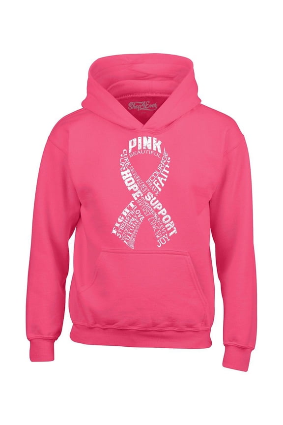 Men's White Ribbon Montage Word Cloud Breast Cancer Hooded Sweatshirt Hoodie Small Heliconia Pink