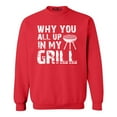 thumbnail image 1 of Shop4Ever Men's Why You All Up in My Grill Funny BBQ  Crewneck Sweatshirt Large Red, 1 of 5