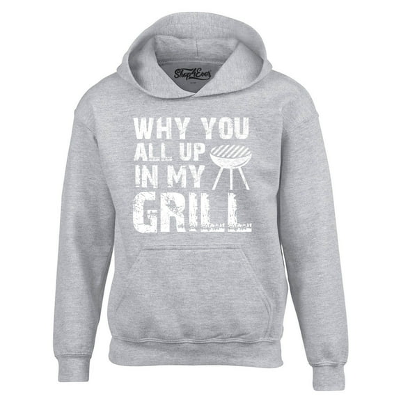 Shop4Ever Men's Why You All Up in My Grill Funny BBQ Hooded Sweatshirt Hoodie Small Sports Grey