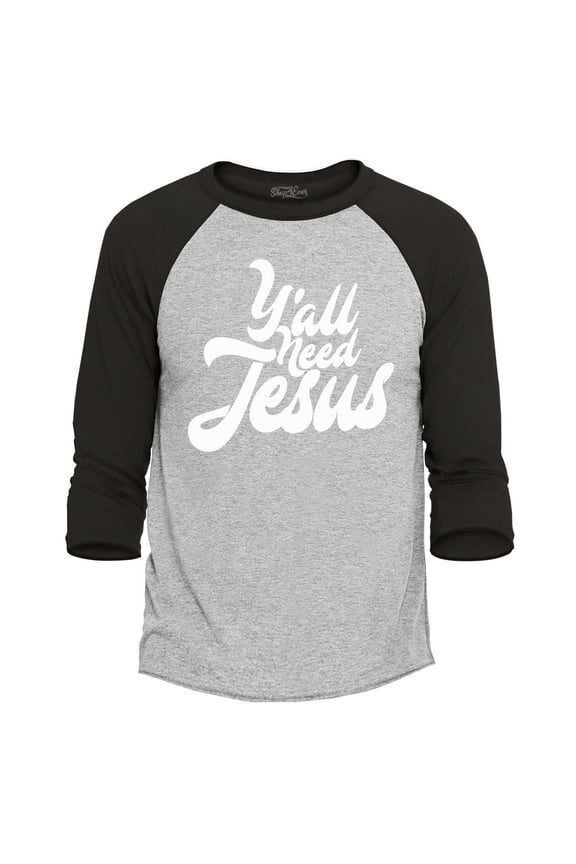 Men's Y'all Need Jesus Raglan Baseball Shirt X-Large Heather Grey/Black