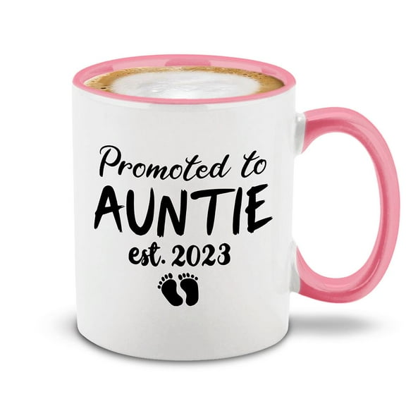 Shop4Ever Promoted To Auntie Est 2023 Ceramic Coffee Tea Mug Cup 11 oz. Funny Gift for Her, New Aunt, New Auntie (Pink Handle 11 oz.)