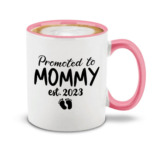 Shop4Ever Promoted To Mommy Est 2023 Ceramic Coffee Tea Mug Cup 11 oz. Funny Gift for Her, New Mom, New Mother, Wife (Pink Handle 11 oz.)