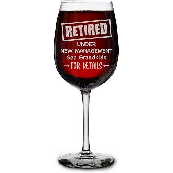 Shop4Ever Retired Under New Management See Grandkids For Details Engraved Stemmed Wine Glass Funny Retirement Gift for Grandma Grandpa (16 oz.)