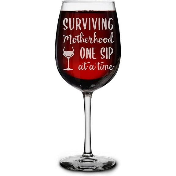 Shop4Ever Surviving Motherhood One Sip At A Time Engraved Stemmed Wine Glass Funny New Mom Gift (16 oz.)