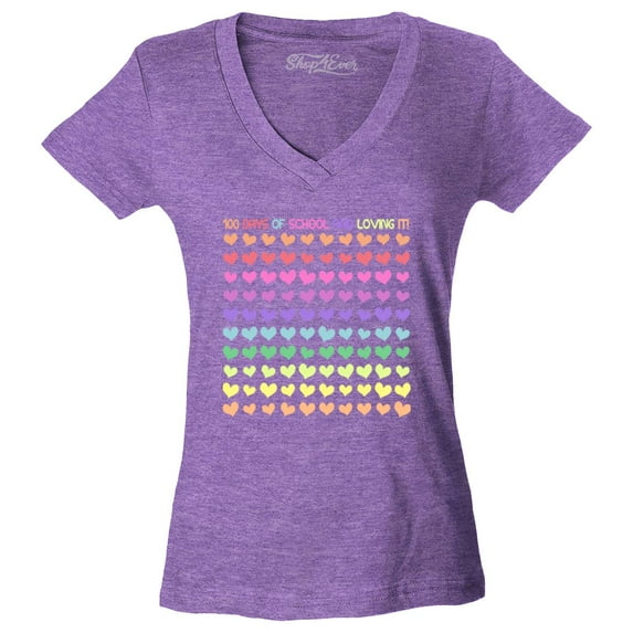 Shop4Ever Women's 100 Days of School and Loving It! Slim Fit V-Neck T-Shirt Small Heather Purple