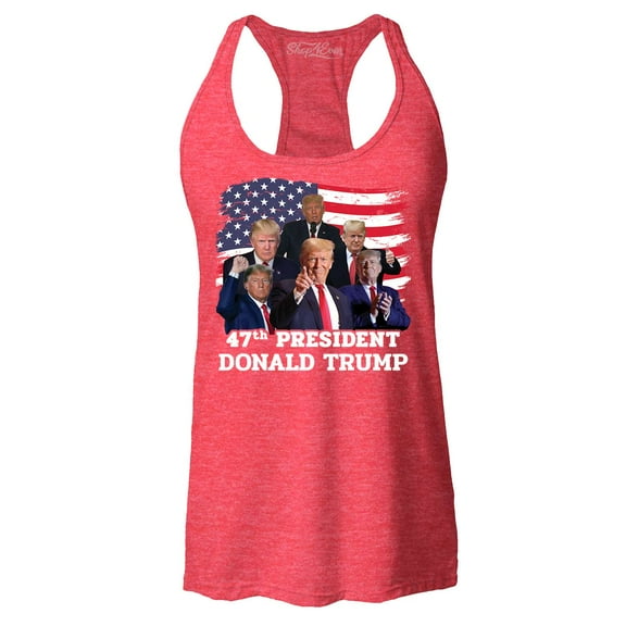 Shop4Ever Women's 47th President Donald Trump American Flag Collage Racerback Tank Top Small Red