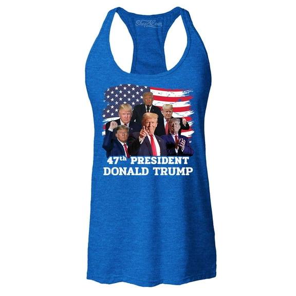 Shop4Ever Women's 47th President Donald Trump American Flag Collage Racerback Tank Top Small Royal Blue