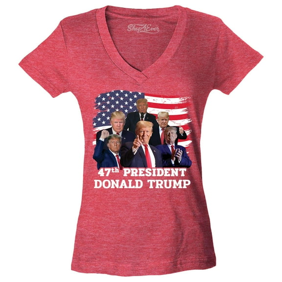 Shop4Ever Women's 47th President Donald Trump American Flag Collage Slim Fit V-Neck T-Shirt Medium Heather Red