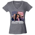 thumbnail image 1 of Shop4Ever Women's 47th President Donald Trump American Flag Collage Slim Fit V-Neck T-Shirt X-Large Heather Charcoal, 1 of 5