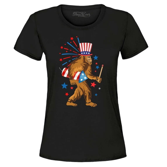 Shop4Ever Women's 4th of July Bigfoot Patriotic Sasquatch Fireworks Graphic T-Shirt Medium Black