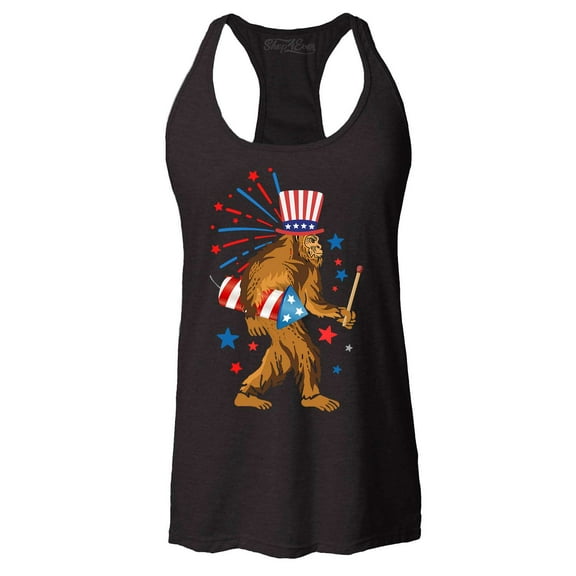 Shop4Ever Women's 4th of July Bigfoot Patriotic Sasquatch Fireworks Racerback Tank Top X-Large Black