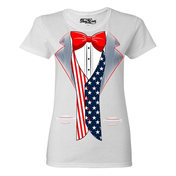 Shop4Ever Women's 4th of July USA Tuxedo American Flag Costume Graphic T-Shirt Large White