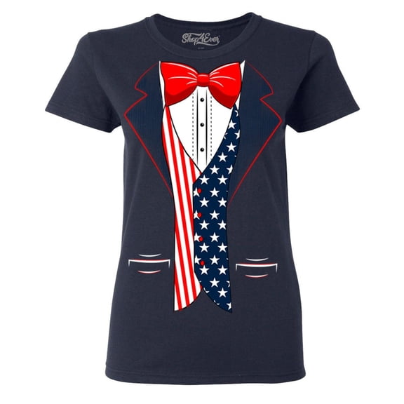 Shop4Ever Women's 4th of July USA Tuxedo American Flag Costume Graphic T-Shirt Medium Navy