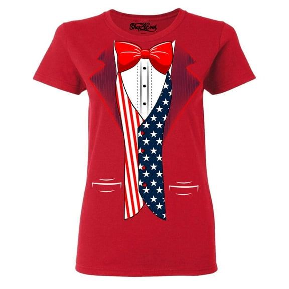 Shop4Ever Women's 4th of July USA Tuxedo American Flag Costume Graphic T-Shirt Medium Red