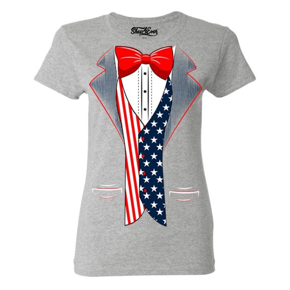 Shop4Ever Women's 4th of July USA Tuxedo American Flag Costume Graphic T-Shirt Medium Sports Grey