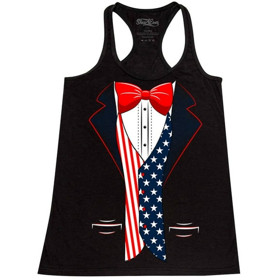 Shop4Ever Women's 4th of July USA Tuxedo American Flag Costume Racerback Tank Top X-Small Black