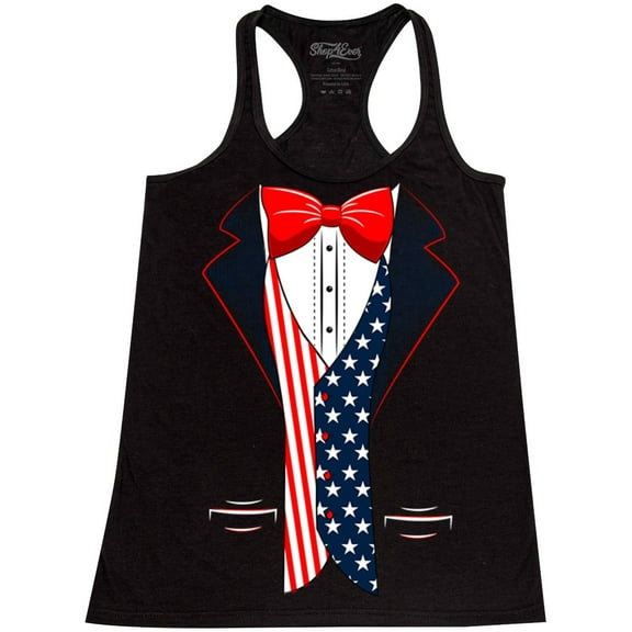Shop4Ever Women's 4th of July USA Tuxedo American Flag Costume Racerback Tank Top X-Small Black