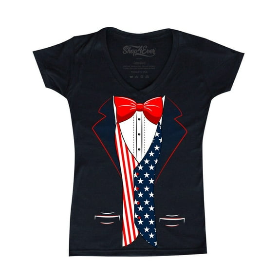 Shop4Ever Women's 4th of July USA Tuxedo American Flag Costume Slim Fit V-Neck T-Shirt Large Black