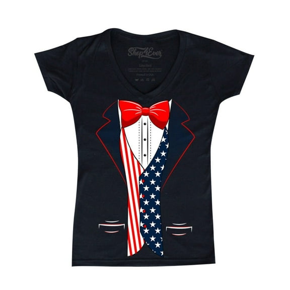 Shop4Ever Women's 4th of July USA Tuxedo American Flag Costume Slim Fit V-Neck T-Shirt Large Black