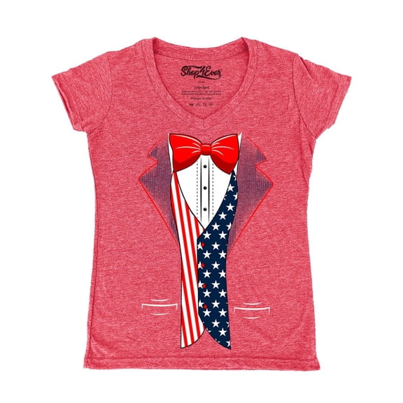 Shop4Ever Women's 4th of July USA Tuxedo American Flag Costume Slim Fit V-Neck T-Shirt X-Large Heather Red