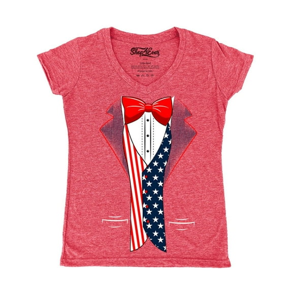 Shop4Ever Women's 4th of July USA Tuxedo American Flag Costume Slim Fit V-Neck T-Shirt X-Small Heather Red