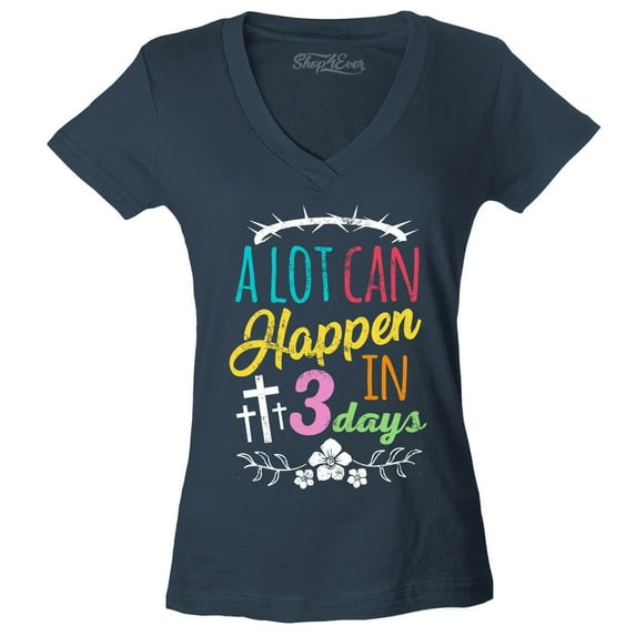 Shop4Ever Women's A Lot Can Happen in 3 Days Easter Christian Slim Fit V-Neck T-Shirt Medium Charcoal