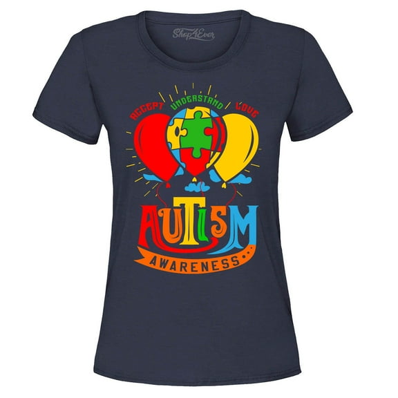 Shop4Ever Women's Accept Understand Love Autism Awareness Balloons Graphic T-Shirt XX-Large Navy