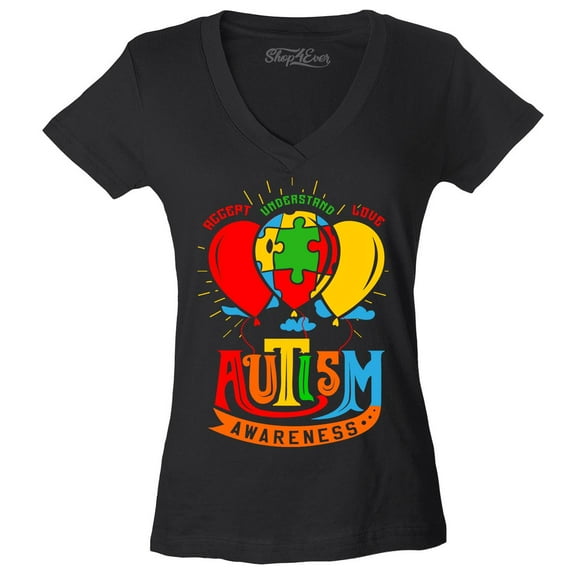 Shop4Ever Women's Accept Understand Love Autism Awareness Balloons Slim Fit V-Neck T-Shirt XX-Large Black
