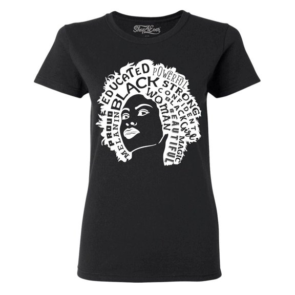 Shop4Ever Women's African American Woman Afro Word Cloud Graphic T-Shirt Medium Black