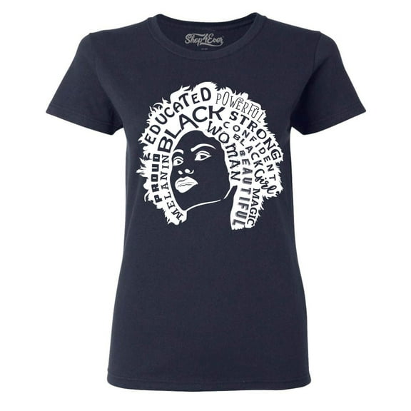 Shop4Ever Women's African American Woman Afro Word Cloud Graphic T-Shirt Medium Navy