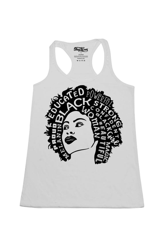 Women's African American Woman Afro Word Cloud Racerback Tank Top Medium White