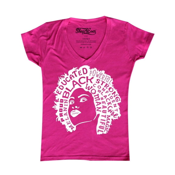 Shop4Ever Women's African American Woman Afro Word Cloud Slim Fit V-Neck T-Shirt Small Pink