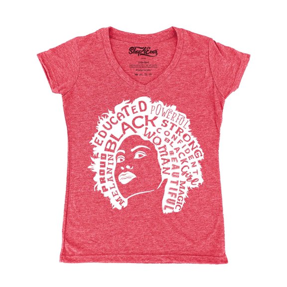 Shop4Ever Women's African American Woman Afro Word Cloud Slim Fit V-Neck T-Shirt X-Large Heather Red
