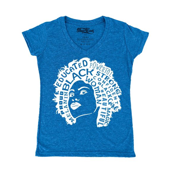 Shop4Ever Women's African American Woman Afro Word Cloud Slim Fit V-Neck T-Shirt X-Large Heather Royal Blue