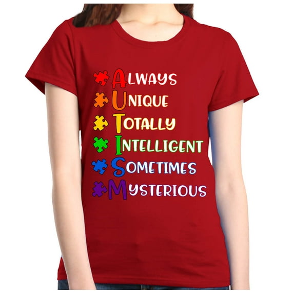 Shop4Ever Women's Always Unique Autism Awareness Graphic T-Shirt Small Red
