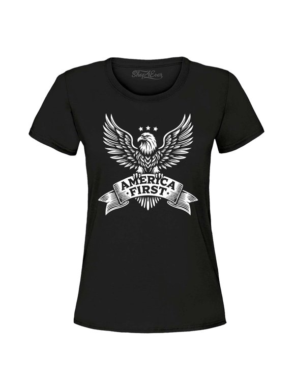 Women's America First Eagle USA Patriotic Graphic T-Shirt Large Black