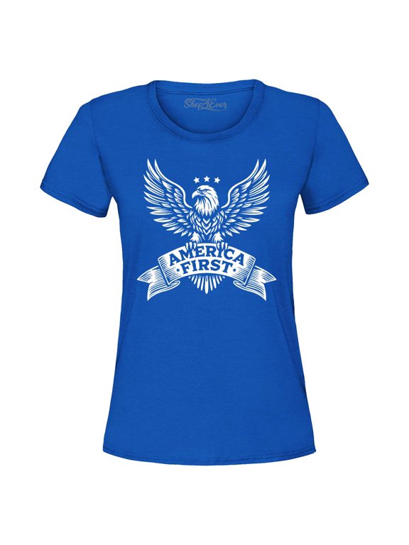 Women's America First Eagle USA Patriotic Graphic T-Shirt Large Royal Blue