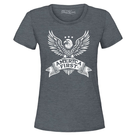 Shop4Ever Women's America First Eagle USA Patriotic Graphic T-Shirt Small Dark Heather