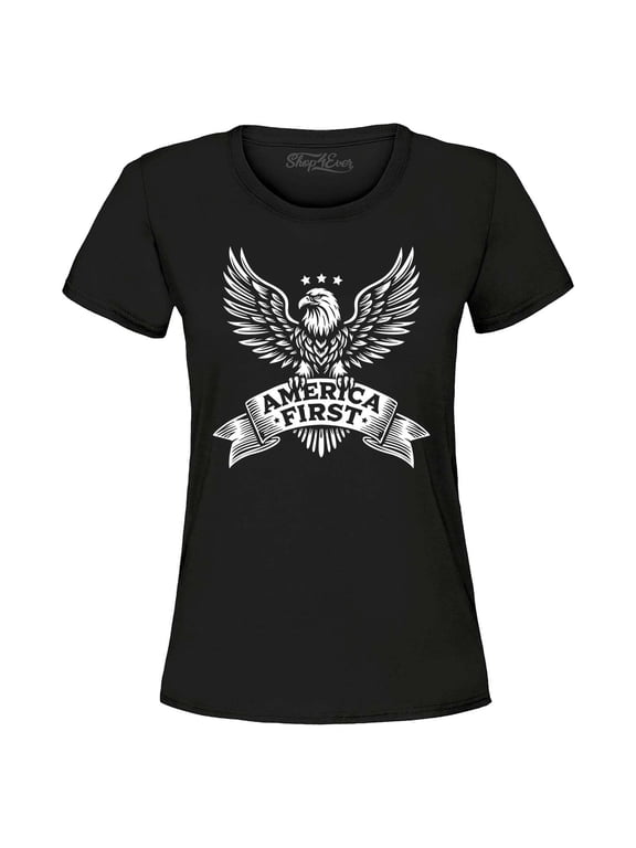 Women's America First Eagle USA Patriotic Graphic T-Shirt X-Large Black
