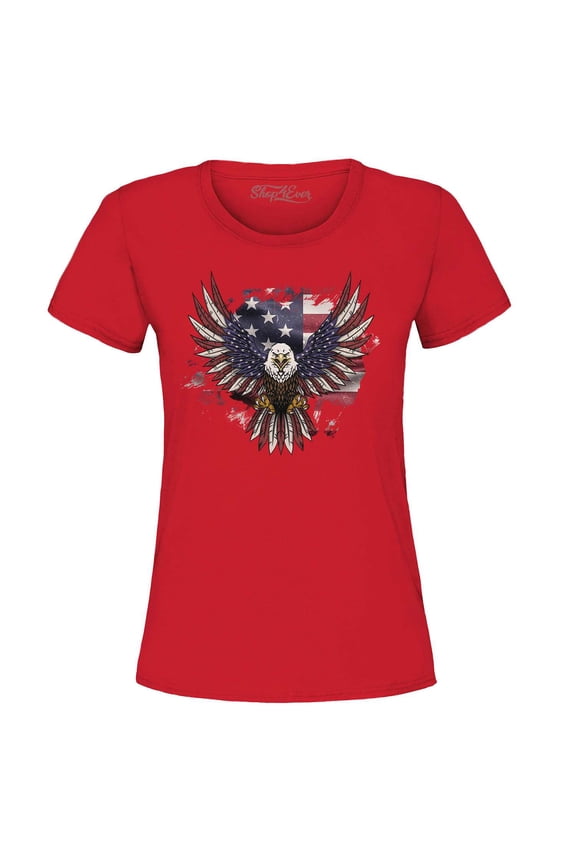 Women's American Bald Eagle USA Flag Graphic T-Shirt X-Large Red