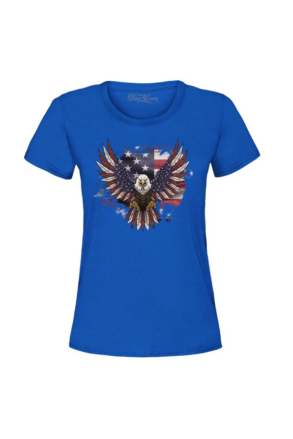 Women's American Bald Eagle USA Flag Graphic T-Shirt X-Large Royal Blue