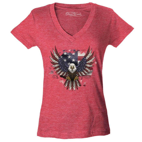 Shop4Ever Women's American Bald Eagle USA Flag Slim Fit V-Neck T-Shirt Small Heather Red