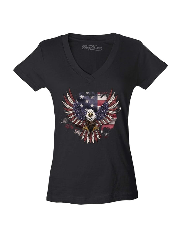 Women's American Bald Eagle USA Flag Slim Fit V-Neck T-Shirt X-Small Black