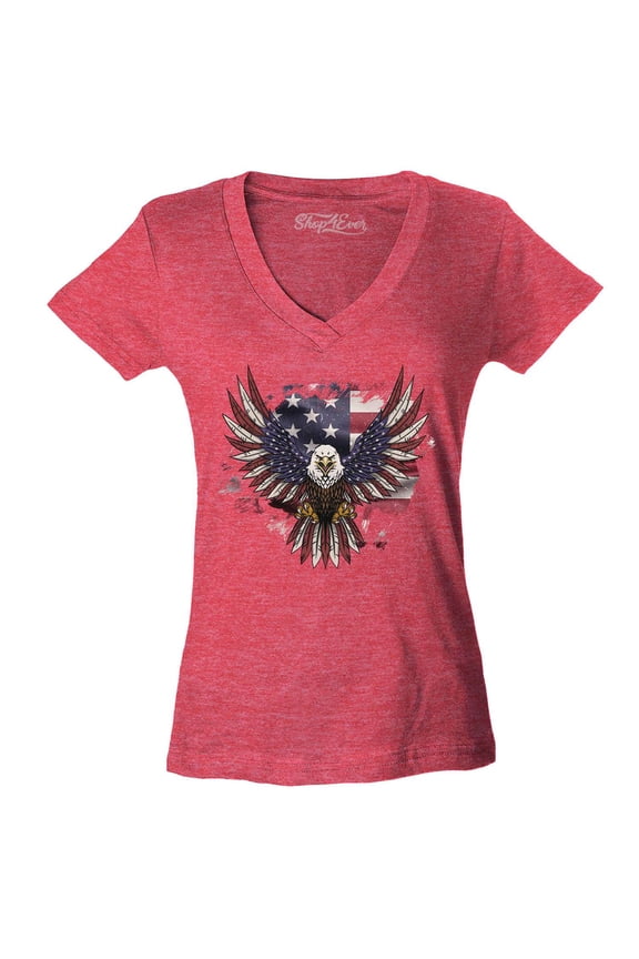 Women's American Bald Eagle USA Flag Slim Fit V-Neck T-Shirt X-Small Heather Red