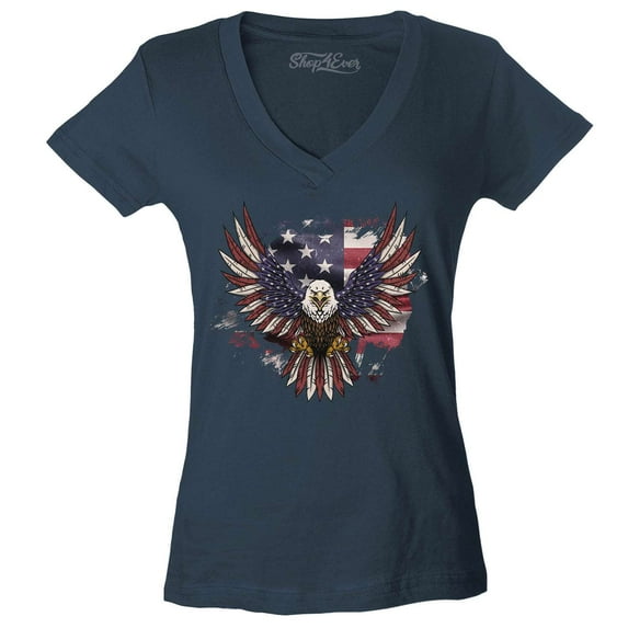Shop4Ever Women's American Bald Eagle USA Flag Slim Fit V-Neck T-Shirt XX-Large Charcoal