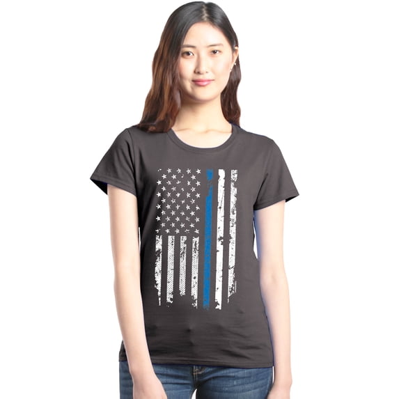 Shop4Ever Women's American Flag Blue Line Patriotic 4th of July Graphic T-Shirt Large Charcoal